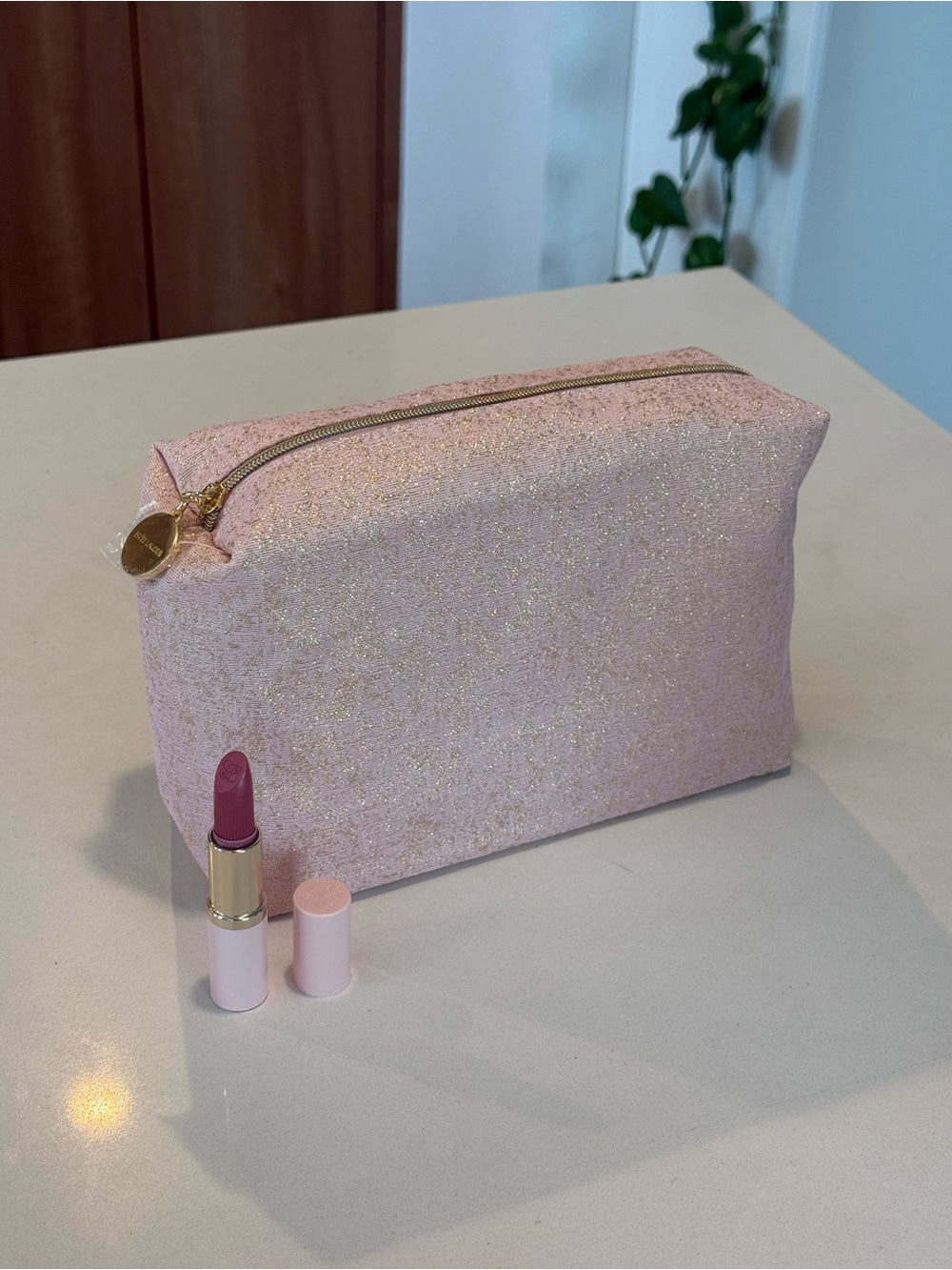 Estée Lauder Sparkle Pink Glitter Cosmetic Pouch with Gold Zipper